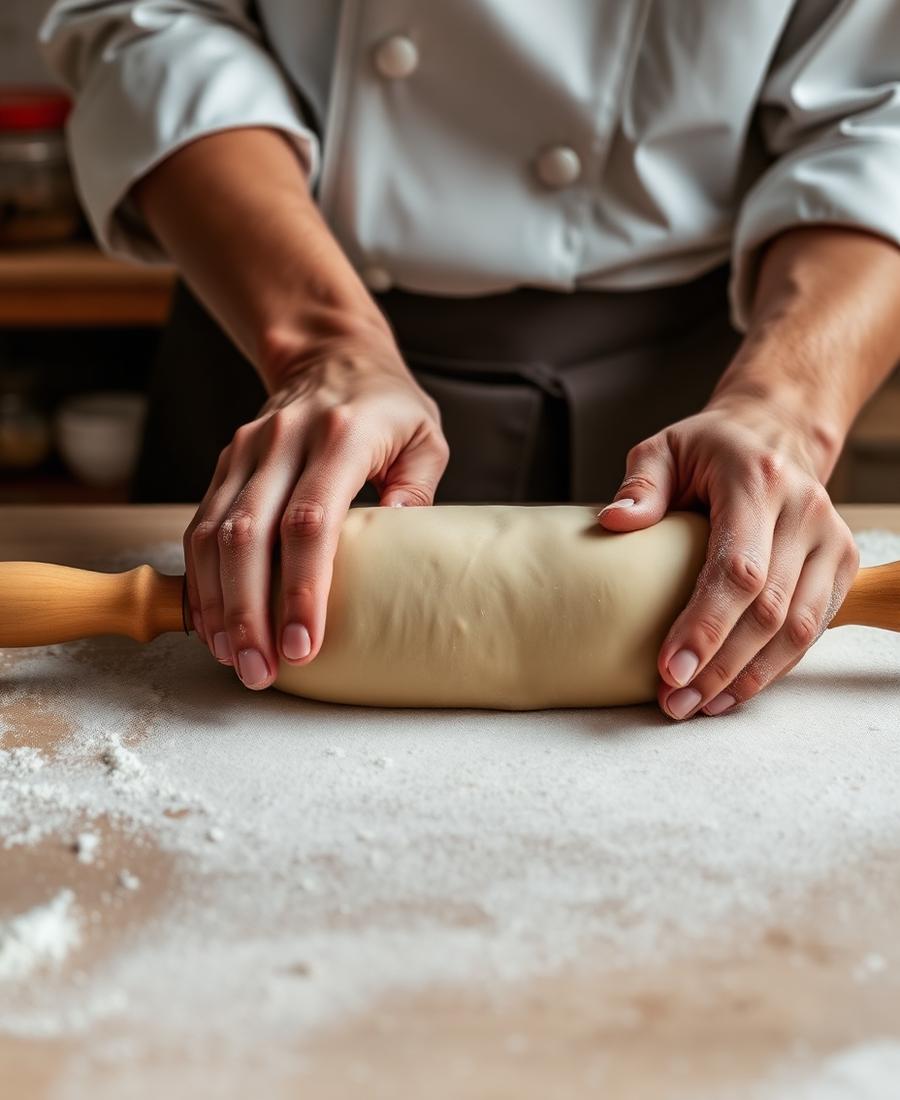 Mani che tirano la sfoglia con il mattarello